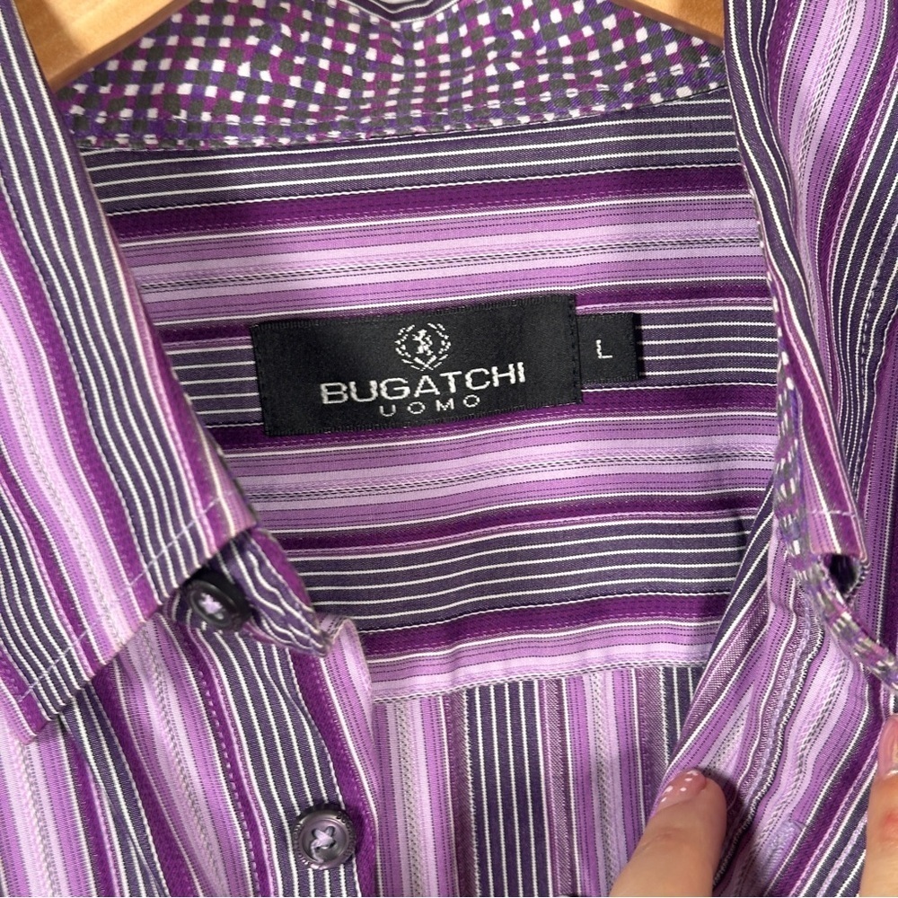 Bugatchi Uomo Cotton Stripe Contrast Cuff Button-Up JEWEL TONE Purple L Office - Picture 4 of 12